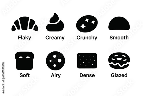 Pastry and food texture vector icon set. Solid glyph icons illustrate food characteristics like flaky, creamy, crunchy, smooth, soft, airy, dense, and glazed for bakery concepts.