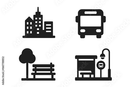 City life vector icon set. Urban society symbols. Public transport, bus, bus stop, skyline, buildings, park bench, street lamp. Solid filled glyph pictograms for design.