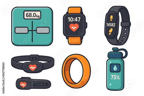 Vector set of fitness and health tracking devices. Smartwatch, activity tracker, heart rate monitor, scale, smart bottle. Sport, workout, wellness and lifestyle icons.