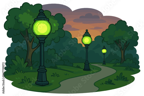 Vector cartoon of a serene park path with unique glowing green street lamps at dusk. Evening landscape with trees and lush greenery. Concept for magic, nature, or city park.