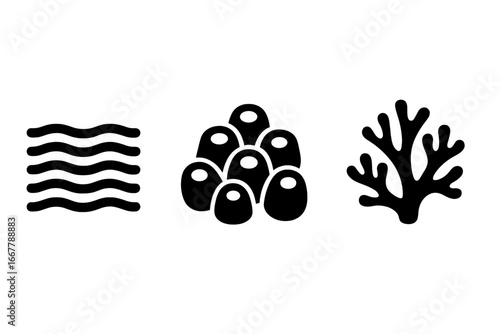 Underwater texture and pattern icon set. Solid filled vector glyphs of ocean elements. Sea wave ripple, sand texture, barnacle cluster, and coral silhouette illustrations.