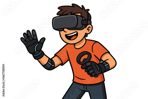 New Virtual Reality Technology with VR Headset, Motion Tracking Gloves and Controllers for Immersive Gaming, Exploration, and Interactive Experiences, Vector Cartoon Illustration