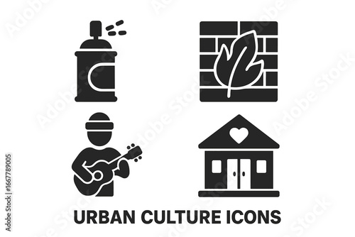 Urban culture solid glyph icons set. Street art, city life. Graffiti spray can, mural on brick wall, street musician, busker with guitar, community center. Black silhouette symbols.
