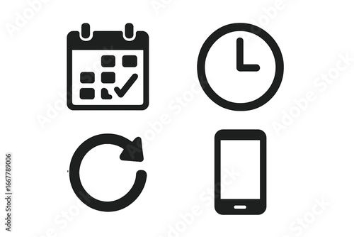 Time management and user habit solid icon collection. Vector symbols for digital productivity, calendar scheduling, daily routine, repeat cycle, and smartphone app UI.