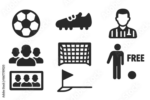 Soccer solid glyph icons set. Football sport symbols collection. Vector elements of ball, cleat, referee, team, goal net, corner flag, free kick. Pictogram for web design.