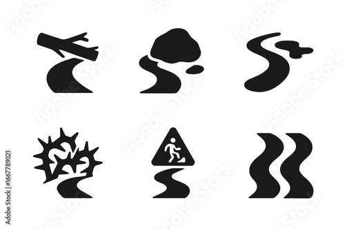 Path obstacle solid icon set. Metaphor for business challenge, life journey problem, risk, and adversity. Roadblock vector icons like fallen tree, rock, river, and slippery slope.