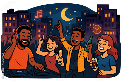 Vibrant nighttime party celebration with music, dancing, drinks, and joyful friends in lively urban nightlife scene, vector cartoon illustration with transparent background