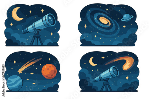 Night sky exploration with telescopes, celestial bodies, planets, galaxies, comets, and cosmic phenomena in harmonious cartoon vector illustration