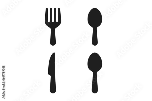 Cutlery icon set. Fork, spoon, and knife vector symbols. Kitchen utensils silhouette for restaurant menu, dining, and food concepts. Flat black tableware illustration.