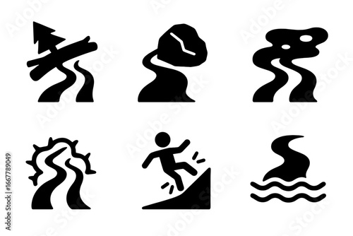 Path obstacle solid icon set. Metaphor for business challenge, career difficulty, or life problem. Vector symbols of fallen tree, rock, mud, thorns, slippery slope, and river.