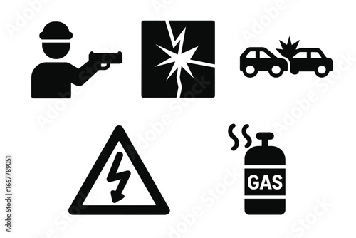 Urban danger icon set. Armed robbery, broken glass, car crash, electrical hazard, gas leak. City safety warning signs, emergency, accident, crime, threat pictogram. Vector.