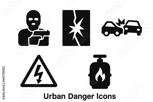 Urban danger solid icon set. City hazard and safety warning symbols. Vector glyph collection of armed robbery, car crash, broken glass, electrical shock and gas fire risk.