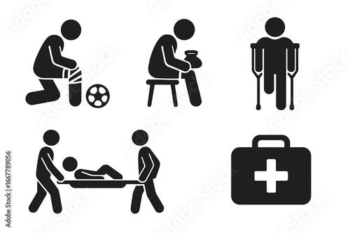 Soccer injury solid icon set. Football player medical emergency and first aid pictogram. Sports medicine concept with bandage, ice pack, crutches, stretcher, and aid kit glyphs.