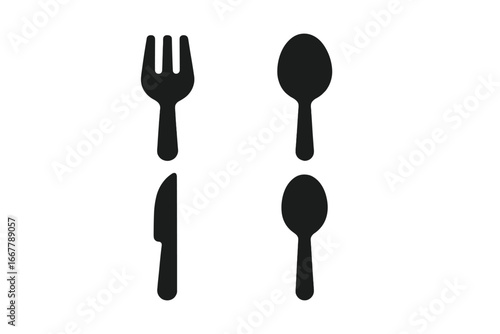 Utensil icon set with fork, knife, and spoons. Flat vector graphic silhouette symbols for eating, restaurant menu, dinner, or cutlery concepts. Isolated on white background.