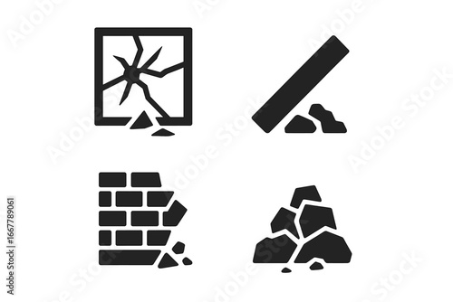 Urban disaster glyph icons. Destruction, ruin, and damage concepts. Vector set with broken window, collapsed wall, fallen beam, debris, and rubble pile. Emergency symbols.