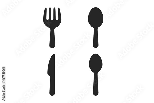 Utensil icon set with fork, spoon, and knife. Black solid cutlery silhouette for restaurant menu, food blog, or cooking app. Simple flat graphic tableware vector symbol.
