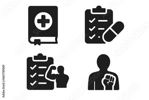Patient empowerment solid icon set. Health self-management tools. Vector glyphs for medical journal, medication schedule, fitness plan, patient strength and proactive healthcare.