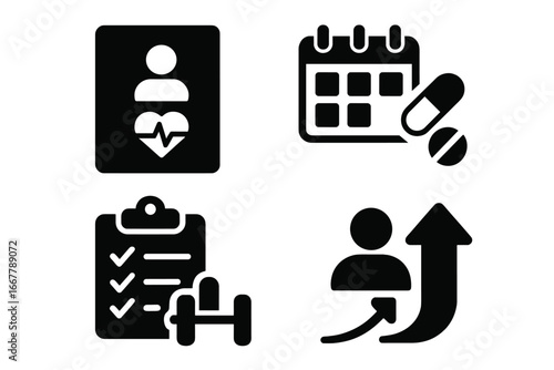 Patient empowerment solid icon set. Health journal, medication schedule, fitness plan, personal growth vector symbols. Healthcare management glyph pictograms for medical self-care.