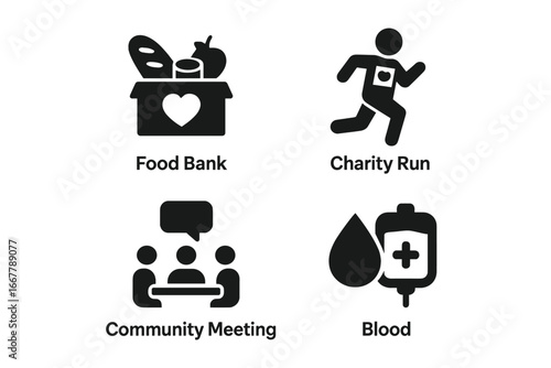 Social cause and charity icon set. Vector glyph symbols for food bank, charity run, community meeting, and blood donation. Volunteering and support concept illustration.