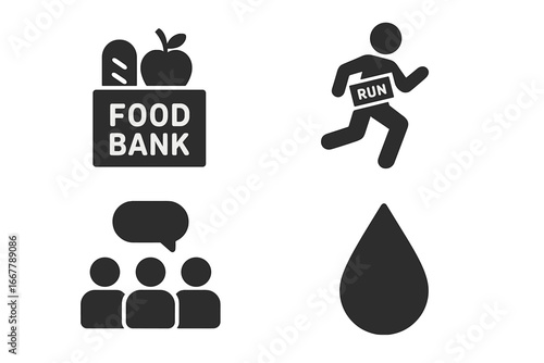 Social cause and charity solid glyph icon set. Vector symbols for volunteering, non-profit, and humanitarian aid. Food bank, fundraising run, blood donation, community meeting.