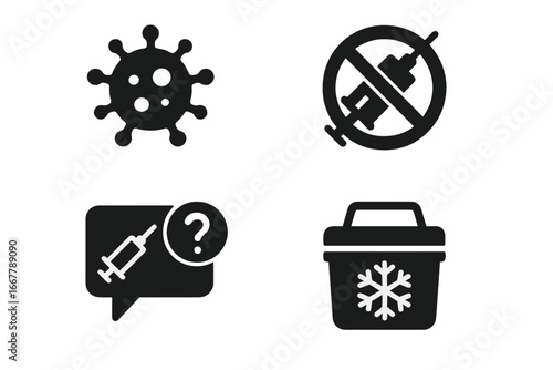 Vaccination challenges solid icon set. Virus, vaccine refusal, anti-vax symbol, misinformation, cold chain storage. Covid immunization campaign vector illustration concept.