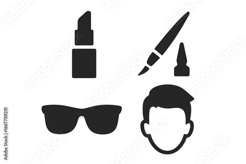 Fashion icons set. Man hairstyle, sunglasses, lipstick, eyeliner. Male grooming, beauty, cosmetics. Glamour concept. Solid vector glyphs. Modern urban style accessories.