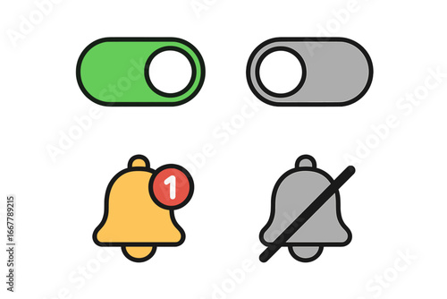 Toggle switch for on and off state. Notification bell for alert and silent mode. UI UX buttons for mobile app interface. Enable and disable slider icon set. Vector design.