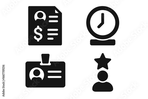 Payroll glyph icon set. Solid vector icons of employee salary, payslip, tax support, time clock, work hours, employee ID badge, and bonus or recognition reward.