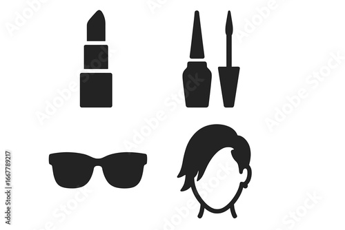 Urban fashion and beauty glyph icon set. Vector icons of lipstick, eyeliner, sunglasses, hairstyle. Cosmetics, grooming, style, makeup. Solid black silhouette illustrations.