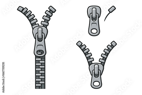 Metal zipper vector set. Open and closed zip fastener illustration for clothing and fashion design. Apparel accessory, buckle, clasp and puller graphic element for textile.