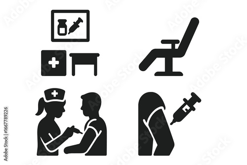 Vaccination solid glyph icon set. Medical and healthcare concept. Immunization, injection. Nurse vaccinates patient. Clinic room, chair, syringe, arm. Vector illustration.