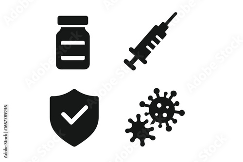 Vaccination icon set. Vaccine vial and syringe for immunization. Virus protection and health shield. Medical healthcare vector. Solid glyph icons for immunity and disease prevention.
