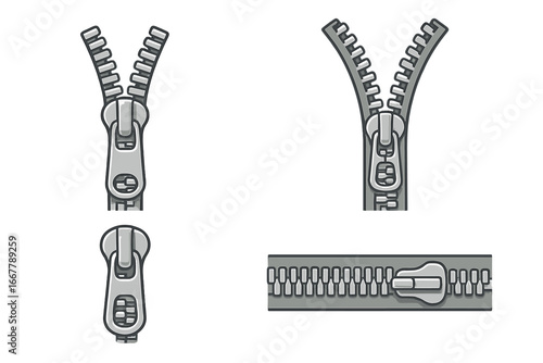 Vector zipper set with open and closed positions. Metal zip fastener, puller, and slider for clothes. Fashion and textile accessory for sewing and tailoring. Cartoon graphic element.