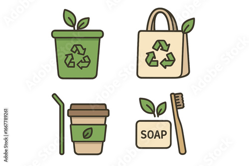Recycling and eco-friendly products illustrated in minimalist vector style showcasing sustainable practices and everyday green items for environmentally conscious living