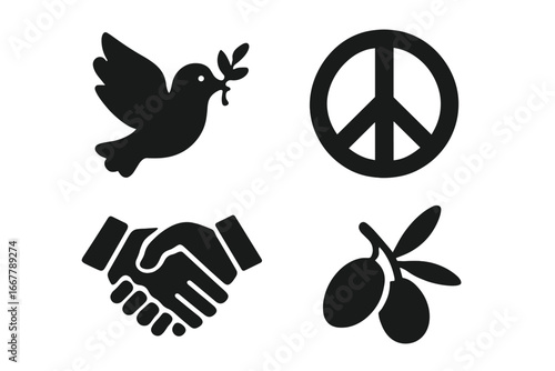 Peace and harmony icon set. Vector glyph collection of peace symbols. Dove with olive branch, pacific sign, handshake and olives. Metaphor for love, unity, and anti-war.