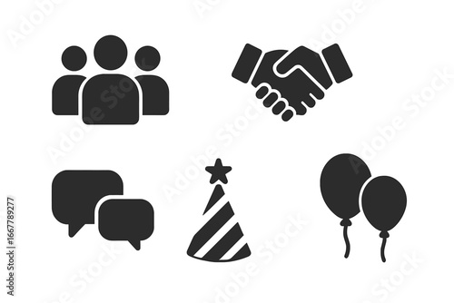 Solid glyph icon set for social gatherings and business events. Includes people group, handshake, communication chat bubbles, party hat, and balloons. Teamwork and celebration concept.