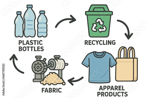 Clear and Educational Vector Diagram of the Recycling Process of Plastic Bottles into Fabric and Sustainable Apparel Products, Cartoon Illustration with Transparent Background