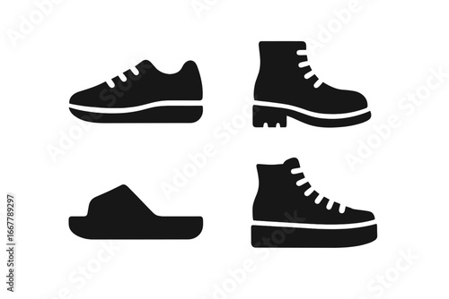 Urban Footwear Icons Solid Filled Vector Set of Stylish Sneakers, Boots, Slides, High-Top Platform Shoes for Fashion, Streetwear, and Casual Wear Design