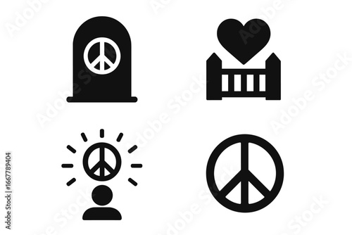 Peace and love icon set. Solid glyph vector collection with anti-war memorial, open heart, peace of mind idea, and harmony symbol. Concepts of acceptance, calm, and spirituality.