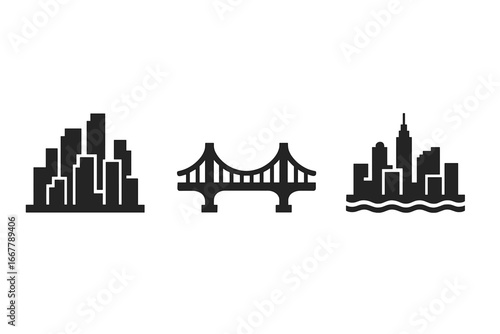 Urban Skyline Icons Flat Vector Set of High-Rise Building Clusters, Bridge Silhouette, Waterfront Cityscape, Modern Architecture, Cityscape Silhouettes on Transparent Background