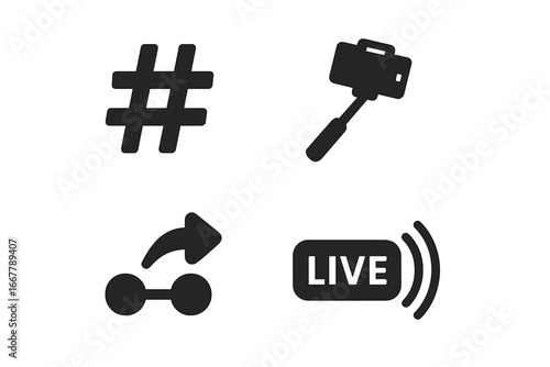 Social media icon set. Solid glyph icons for digital marketing and communication. Hashtag, selfie stick, share, live stream symbols for web, app, and vlogging concept.