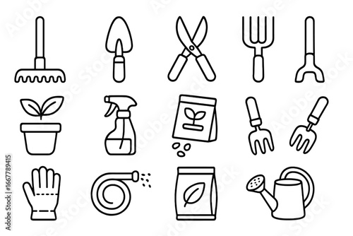 Set of stylish line icons featuring gardening tools and plant care essentials for landscaping, home gardening, horticulture, plant maintenance, and outdoor garden tasks