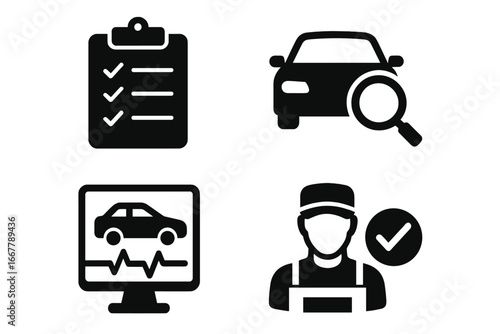Vehicle Inspection Icons Solid Filled Vector Set with Checklist Clipboard, Car Magnifying Glass, Diagnostic Monitor, and Mechanic Technician Symbol for Auto Maintenance and Repair