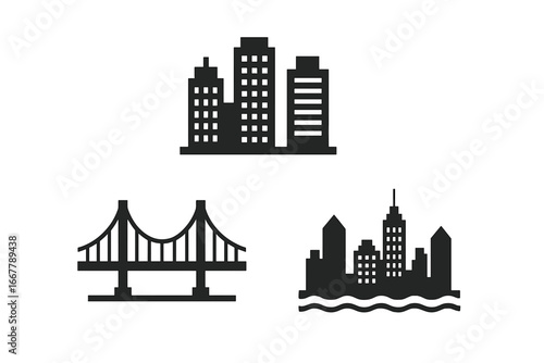 Urban Skyline Icons Flat Vector Set of Cityscape Perspectives with High-Rise Buildings Cluster, Suspension Bridge Silhouette, Waterfront Skyline, Modern Architecture Symbols on Transparent Background