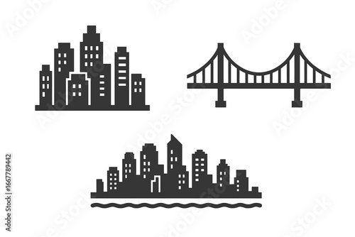Urban Skyline Icons Flat Vector Set of Cityscape Perspectives with High-Rise Buildings Cluster, Suspension Bridge Silhouette, Waterfront Skyline Silhouettes on Transparent Background