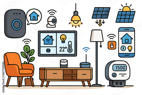 Smart home devices showcasing various modern technologies for home automation, energy management, and remote control in a contemporary living room setting, vector cartoon illustration