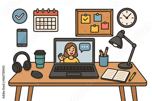 Remote work concept with digital workspace elements. Home office setup for freelancer with laptop for video conference. Online education, e-learning, webinar vector illustration.