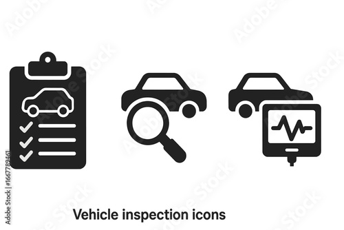 Vehicle Inspection Icons Set, Solid Filled Vector Illustration of Car Checklist Clipboard, Magnifying Glass Search, and Diagnostic Screen for Automotive Maintenance and Repair