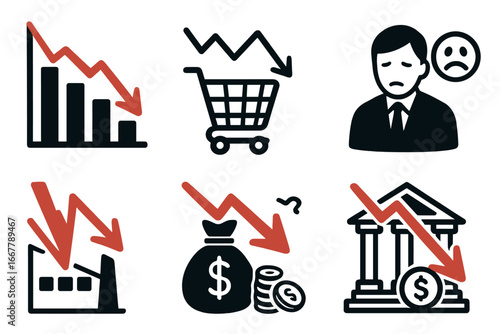 Economic crisis icon set. Finance recession, business decline, market crash concept. Vector illustration of inflation, bankruptcy, unemployment, loss, chart and sad businessman.