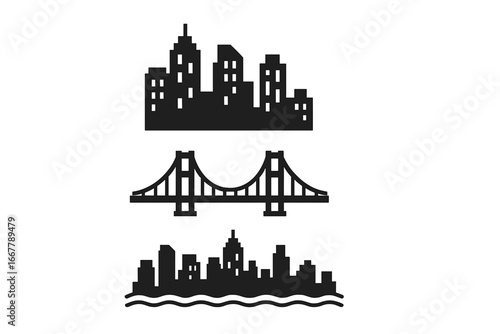 Urban Skyline Icons Set, Flat Vector Illustrations of High-Rise City Scape, Suspension Bridge Silhouette, Waterfront Skyline Views, Modern Cityscape Elements on Transparent Background
